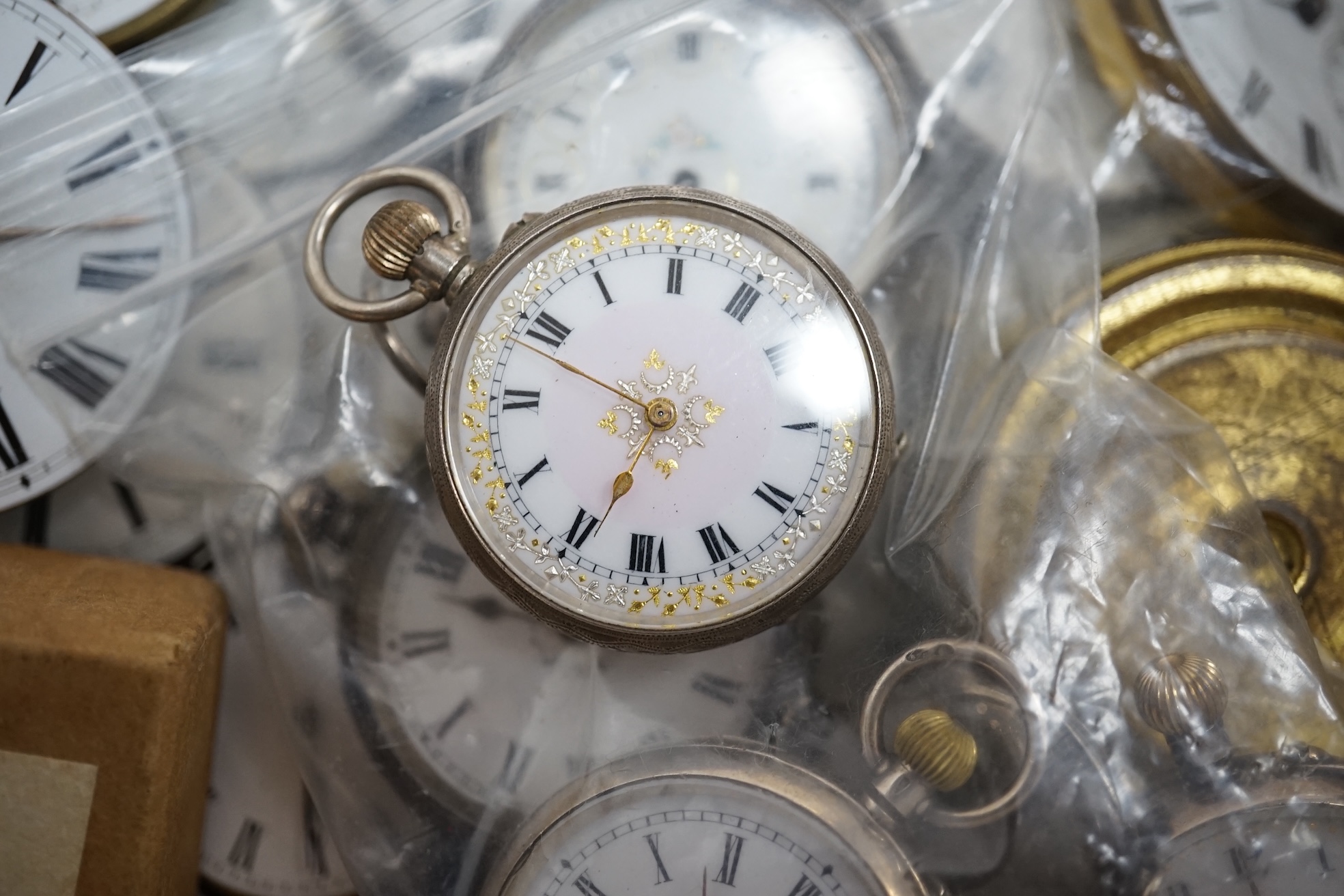 A collection of assorted wrist watches, pocket watch movements etc. and a boxed Waltham stop watch. Condition - poor to fair